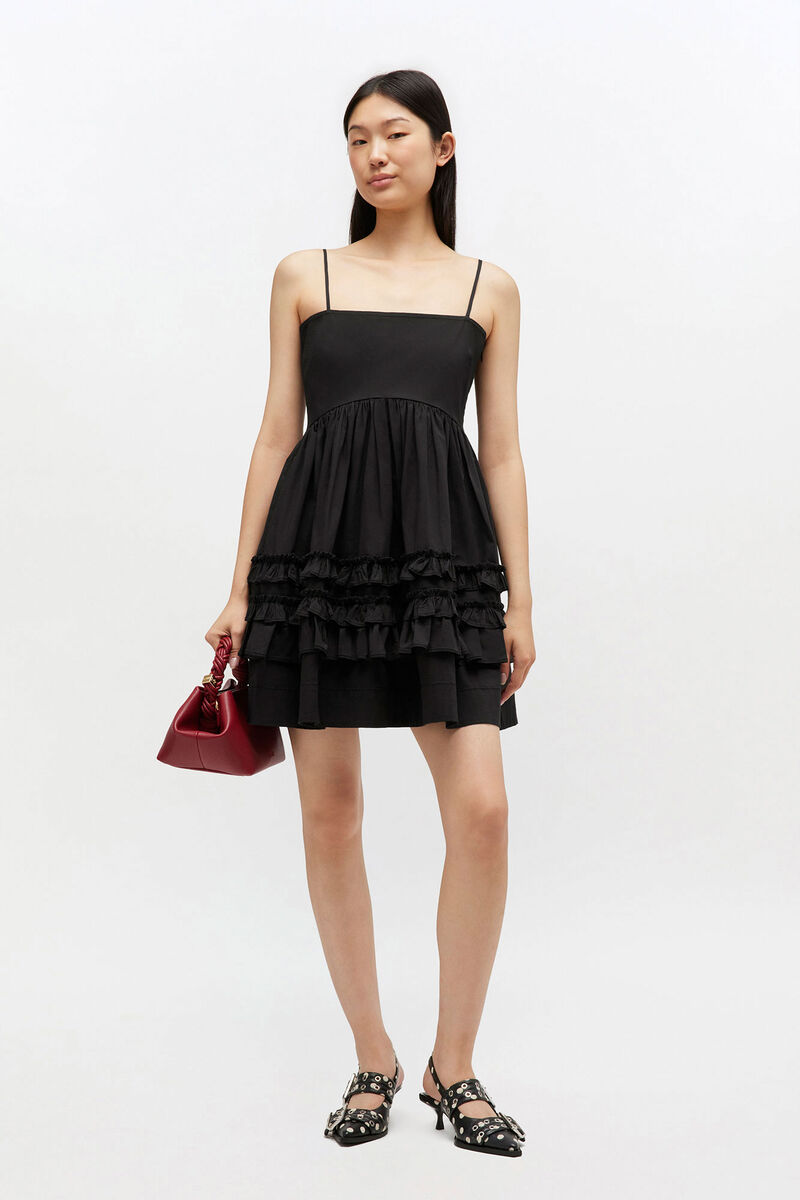 Black Mini Frill Dress, Organic Cotton, in colour Black - 1 - GANNI