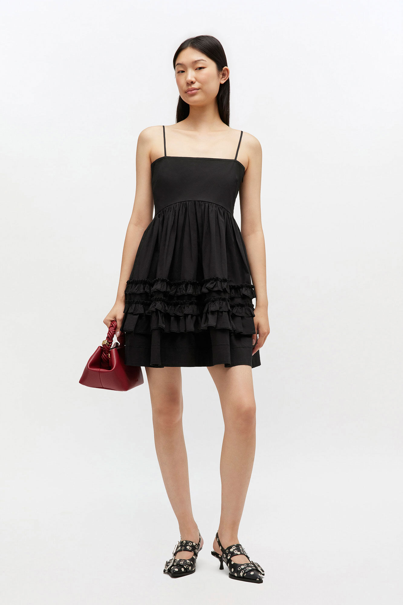 Black Mini Frill Dress, Organic Cotton, in colour Black - 1 - GANNI