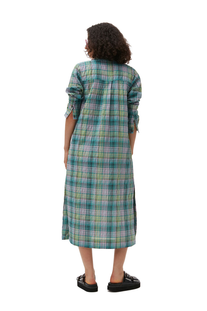 Seersucker Check Shirt Dress, Organic Cotton, in colour Lagoon - 6 - GANNI