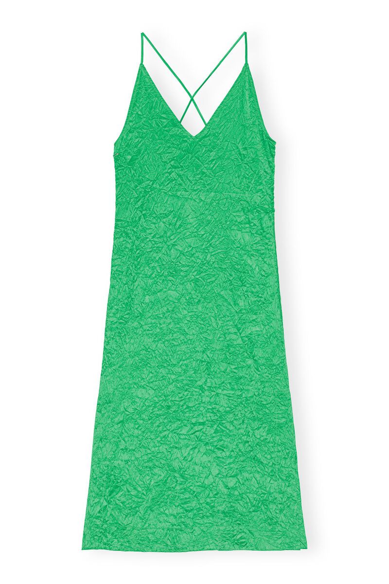 Green Crinkled Satin Slip Dress, Elastane, in colour Bright Green - 1 - GANNI