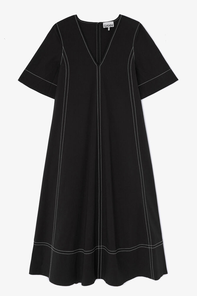 Black Cotton A-line Dress, Black