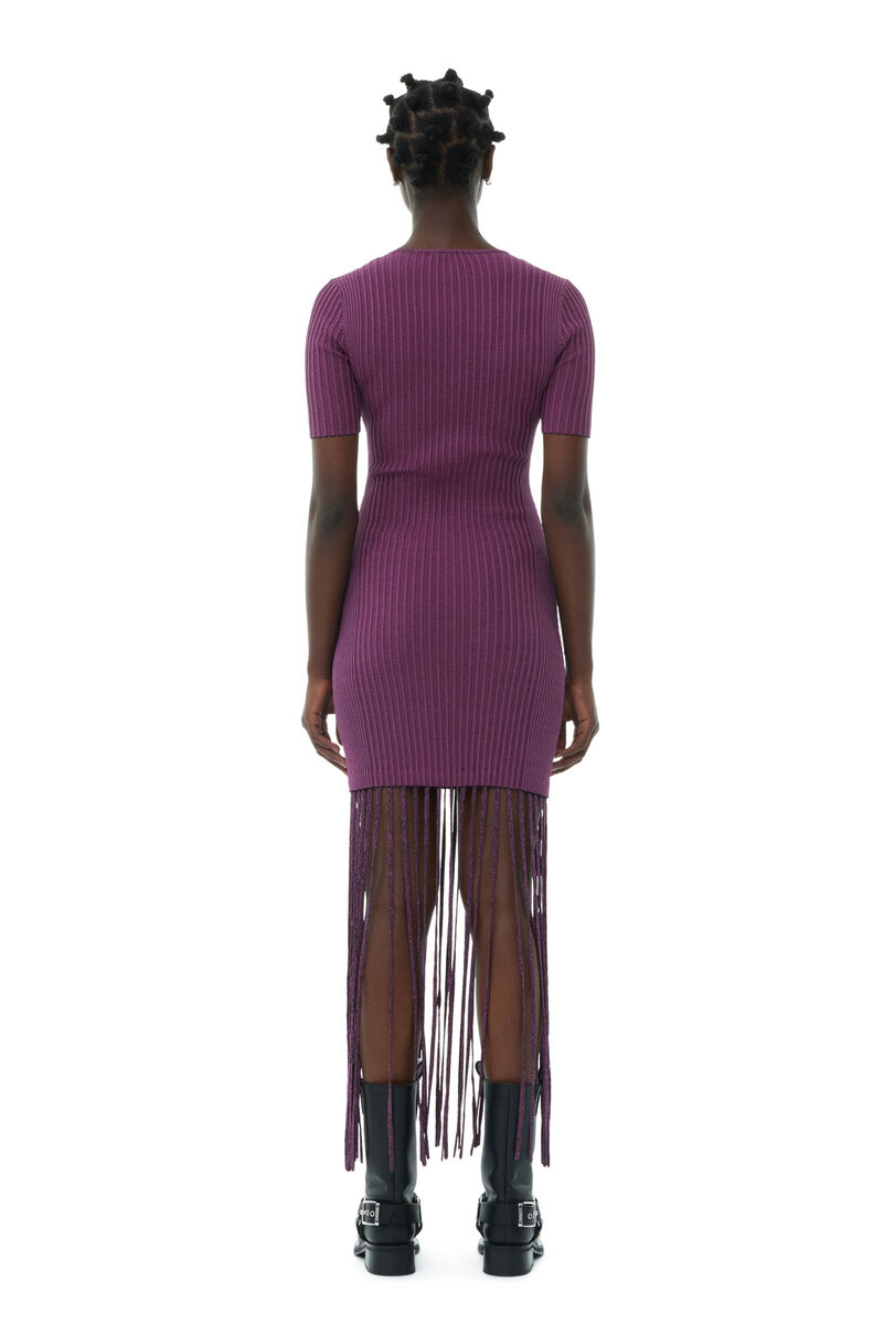 Purple Melange Knit Fringe Short Sleeve Mini Dress, Elastane, in colour Fiji Flower - 4 - GANNI