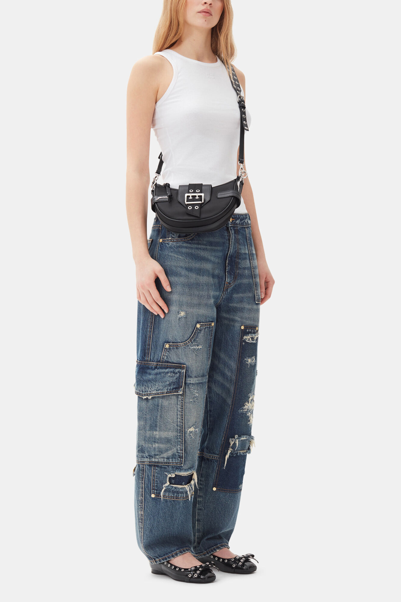 Black Small Bucky Crossbody Bag, Recycled Nylon, in colour Black - 2 - GANNI