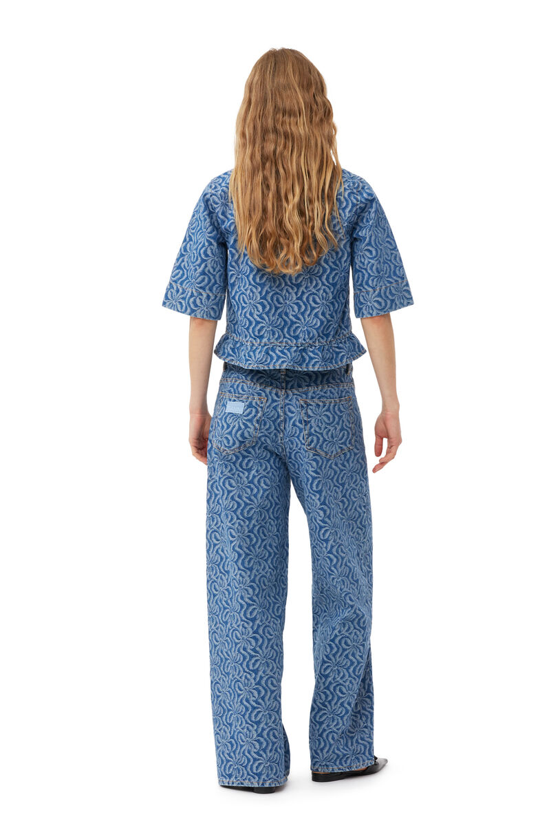 Blue Jacquard Denim Wide Trousers, Cotton, in colour Mid Blue Stone - 2 - GANNI