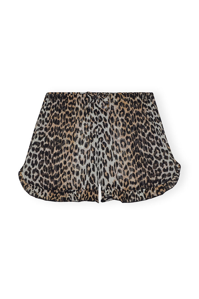 Leopard Printed Chiffon Ruffle Shorts, Recycled Polyester, in colour Leopard - 1 - GANNI