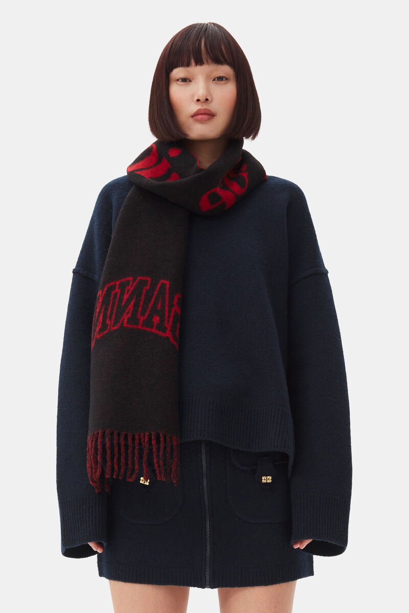 Red Fringed Wool Scarf, Recycled Wool, in colour Winery - 1 - GANNI