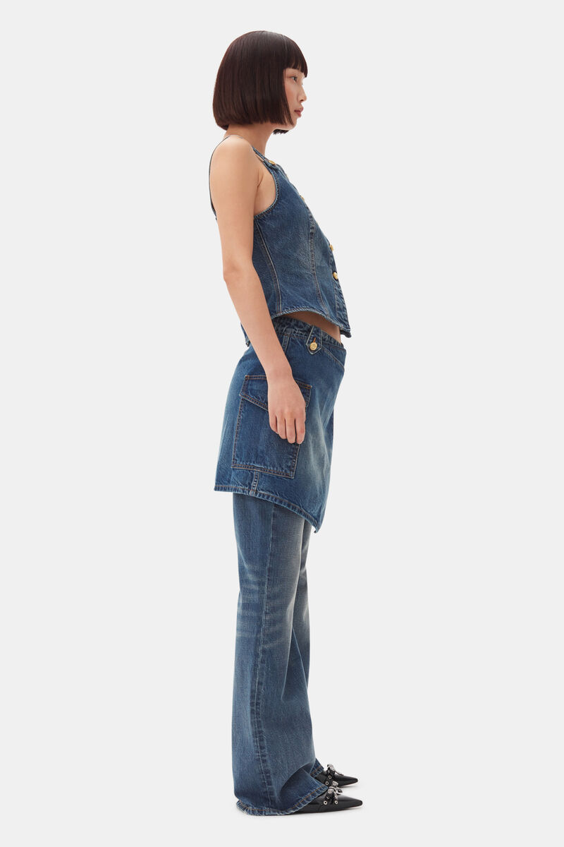 Dark Blue Heavy Washed Denim Top, Cotton, in colour Mid Blue Vintage - 3 - GANNI