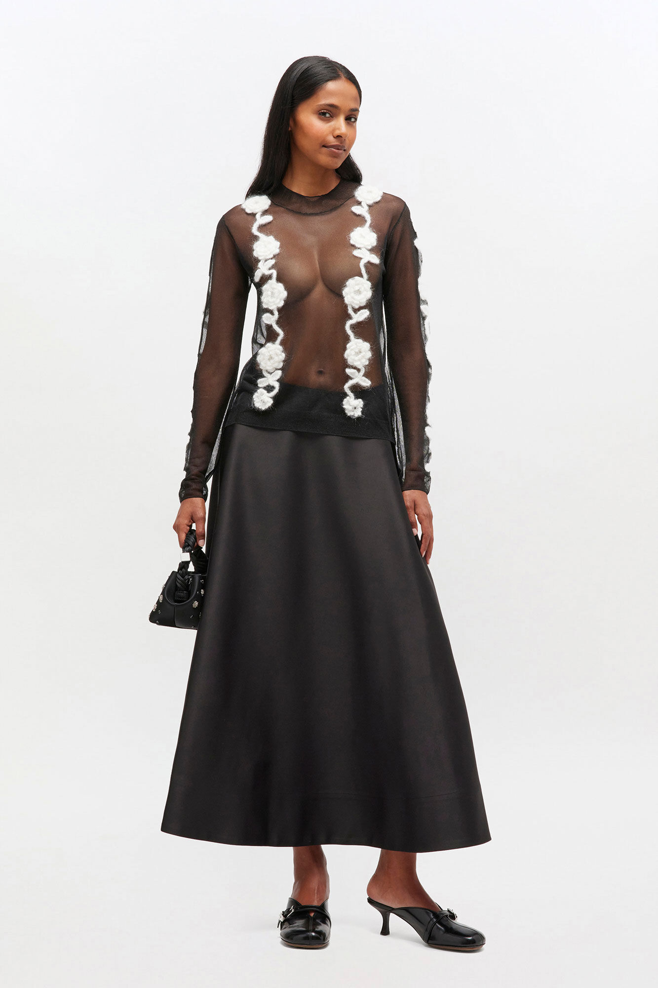 Langt, svart sirkelskjørt, Recycled Polyester, in colour Black - 1 - GANNI