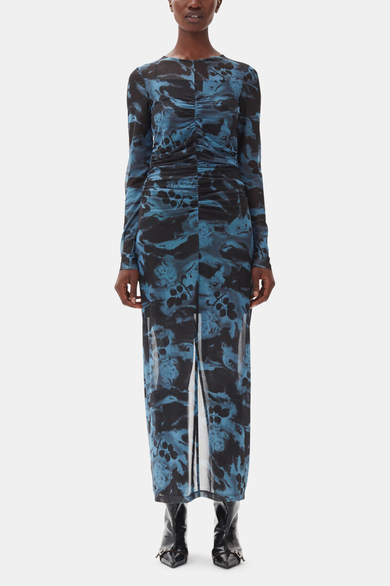Blue Printed Mesh O-neck Ruched Long Dress, Recycled Polyester, in colour Blue Shadow - 1 - GANNI