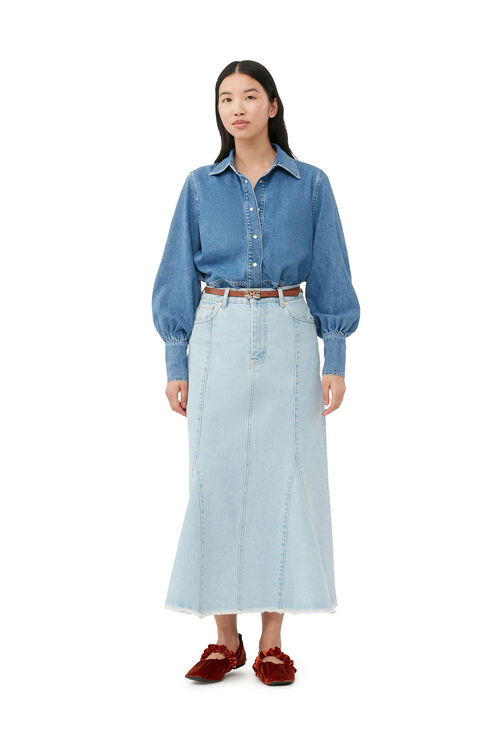Shop Ganni Bleach Denim Peplum Midi Skirt In Light Blue Stone