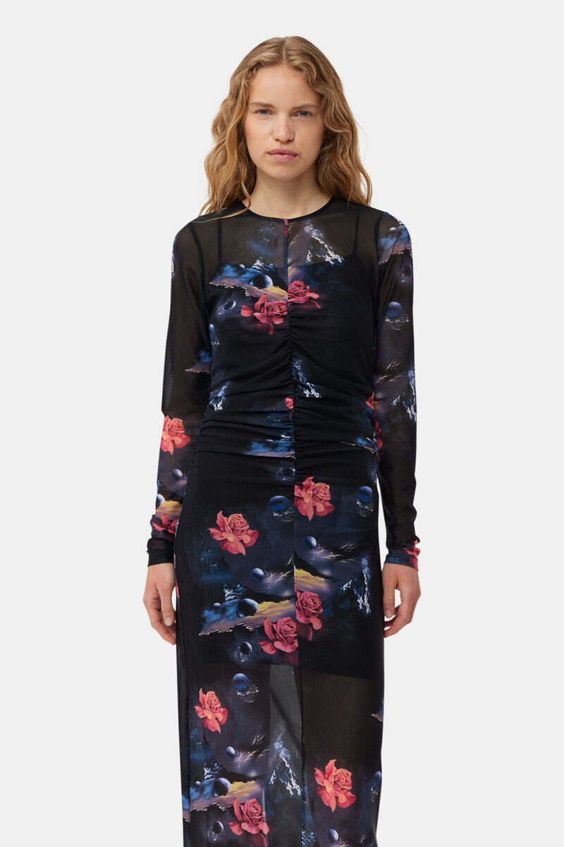 Black Printed Mesh O-neck Ruched Long Dress | GANNI US