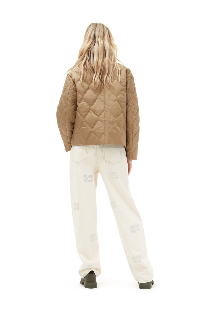 Ripstop Quilt Frill Edge Jacket, Recycled Polyester, in colour Petrified Oak - 2 - GANNI