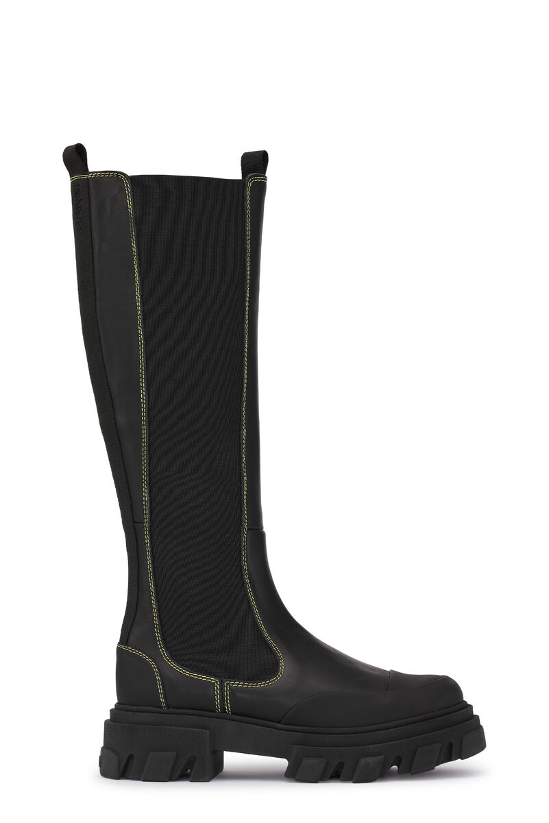 Yellow Stitch Knee-High Chelsea Boots , Calf Leather, in colour Black - 1 - GANNI