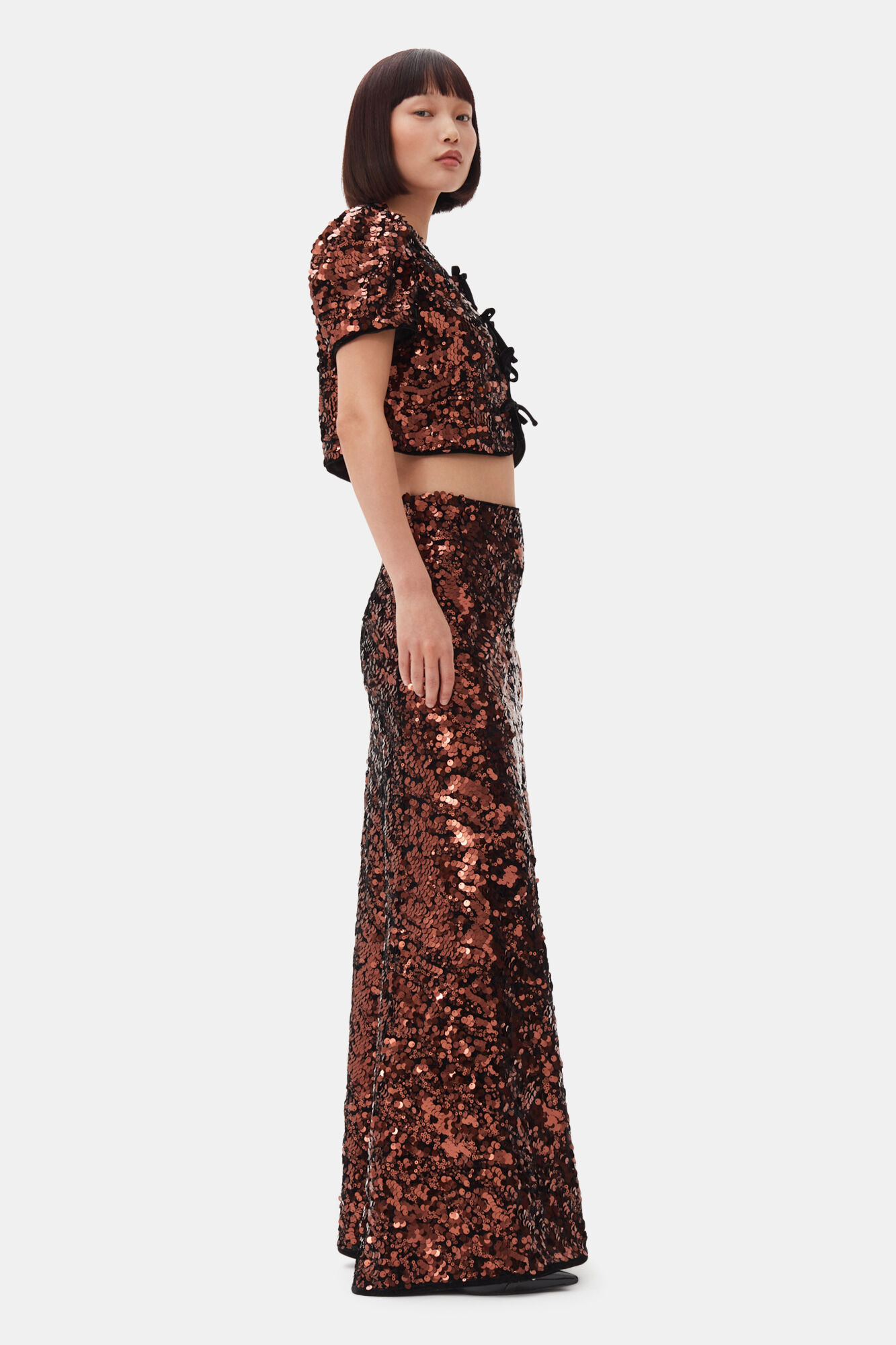 Brown Sequins blus, Polyester, in colour Bitter Chocolate - 3 - GANNI