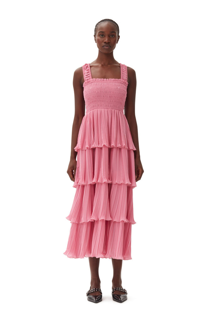 GANNI Pink Pleated Georgette Flounce Smock Midi Dress,Orchid Smoke