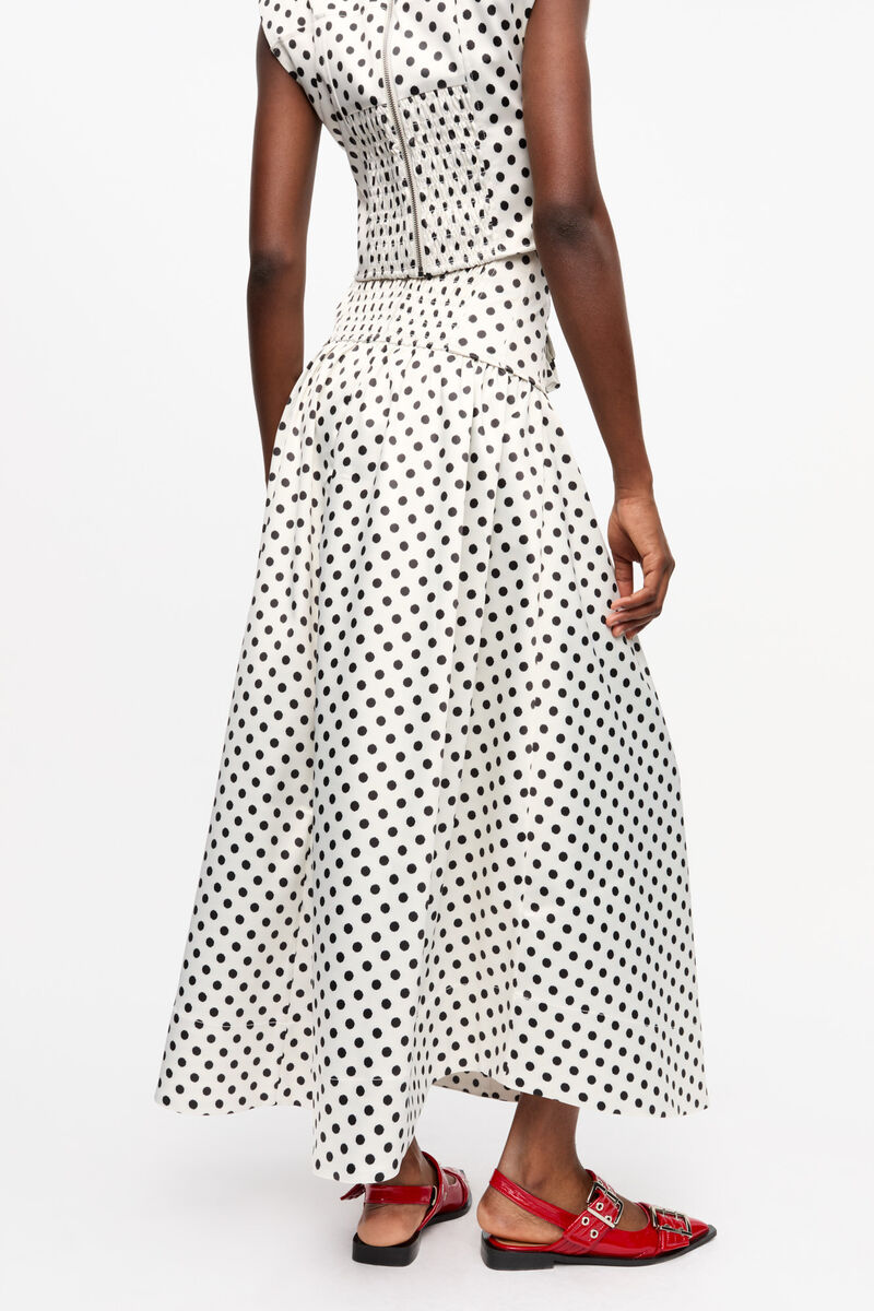 Polka-dot Double Satin Long Pocket Skirt, Recycled Polyester, in colour Egret - 3 - GANNI