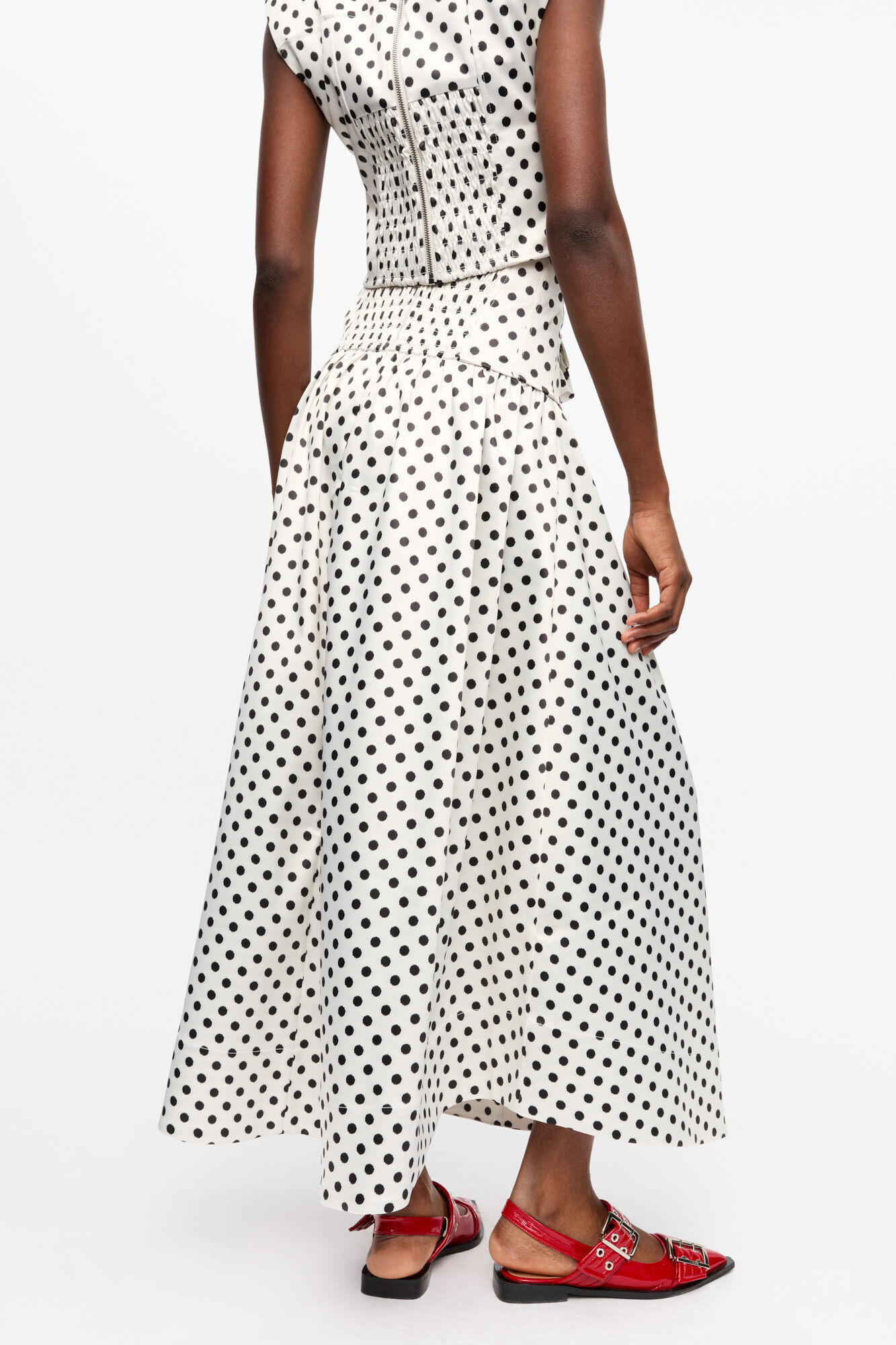 Polka-dot Double Satin Long Pocket Skirt, Recycled Polyester, in colour Egret - 3 - GANNI
