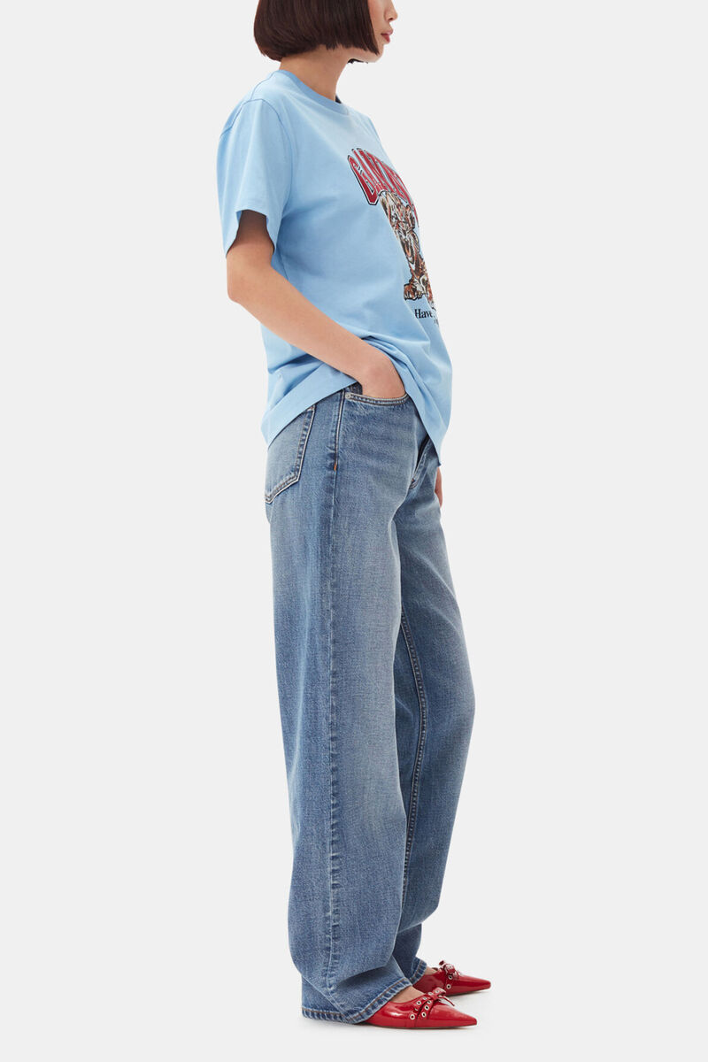 T-shirt en jersey basique bleu &agrave; imprim&eacute; tigre, Organic Cotton, in colour Blissful Blue - 3 - GANNI