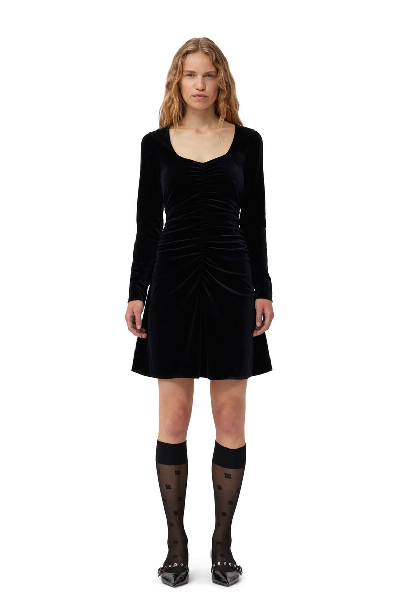 Black Velvet Jersey Mini Dress, Recycled Polyester, in colour Black - 1 - GANNI