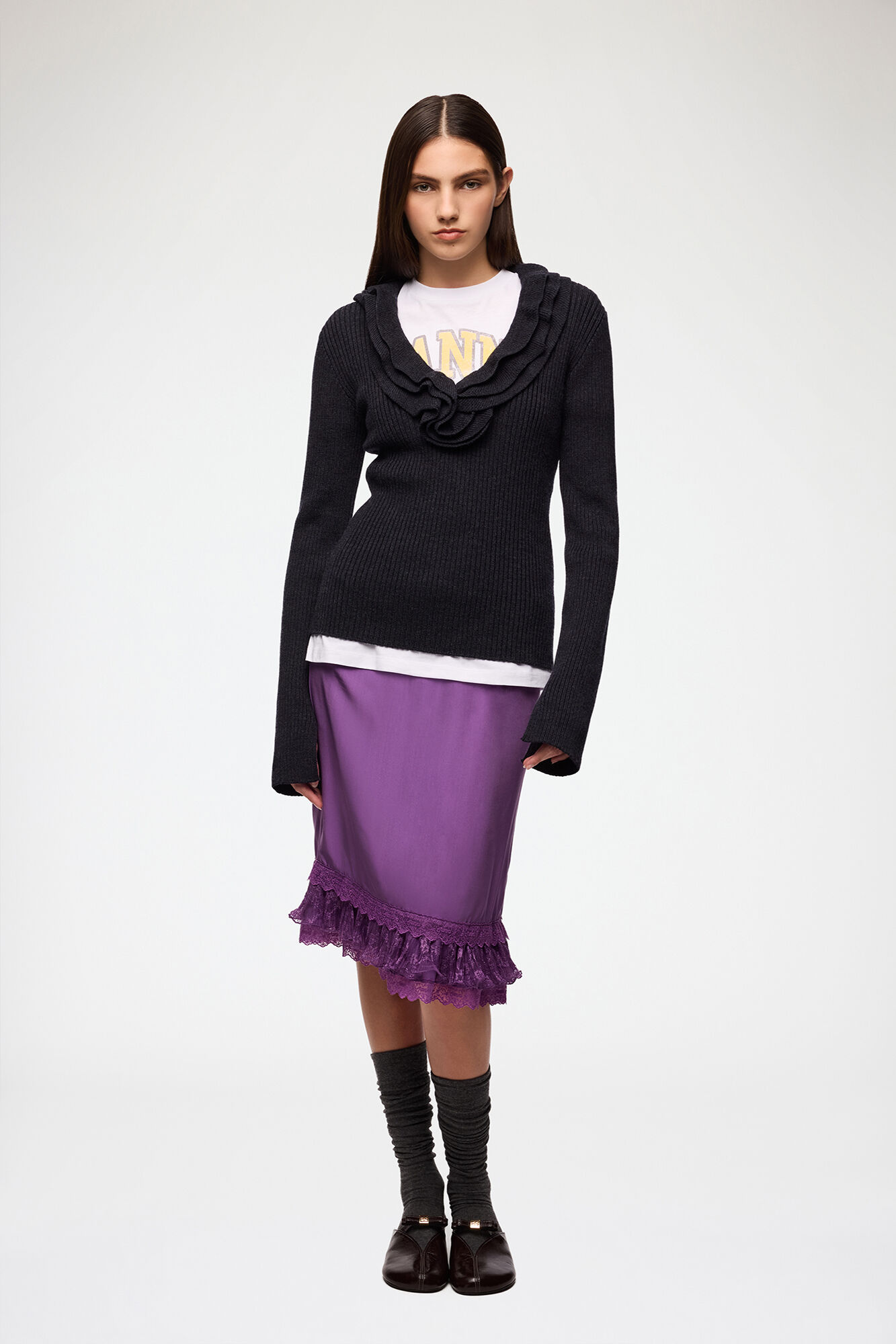 Top in Ribbed Merino, Merino Wool, in colour Phantom - 2 - GANNI