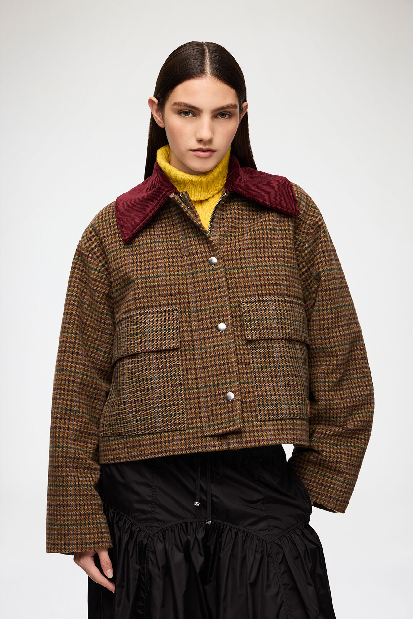 Jacket in Check Twill, Recycled Wool, in colour Multicolour - 1 - GANNI