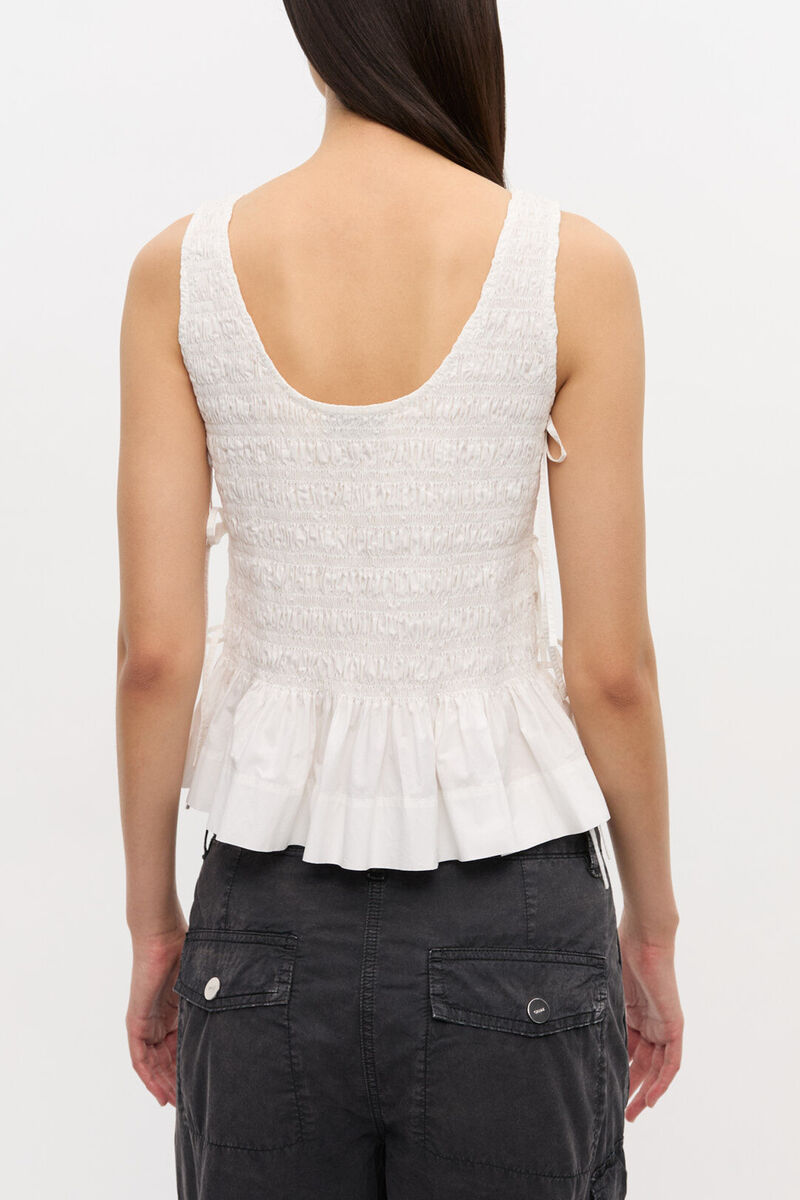 Wei&szlig;es, gesmocktes Oberteil aus Baumwolle zum Binden, Organic Cotton, in colour Bright White - 3 - GANNI