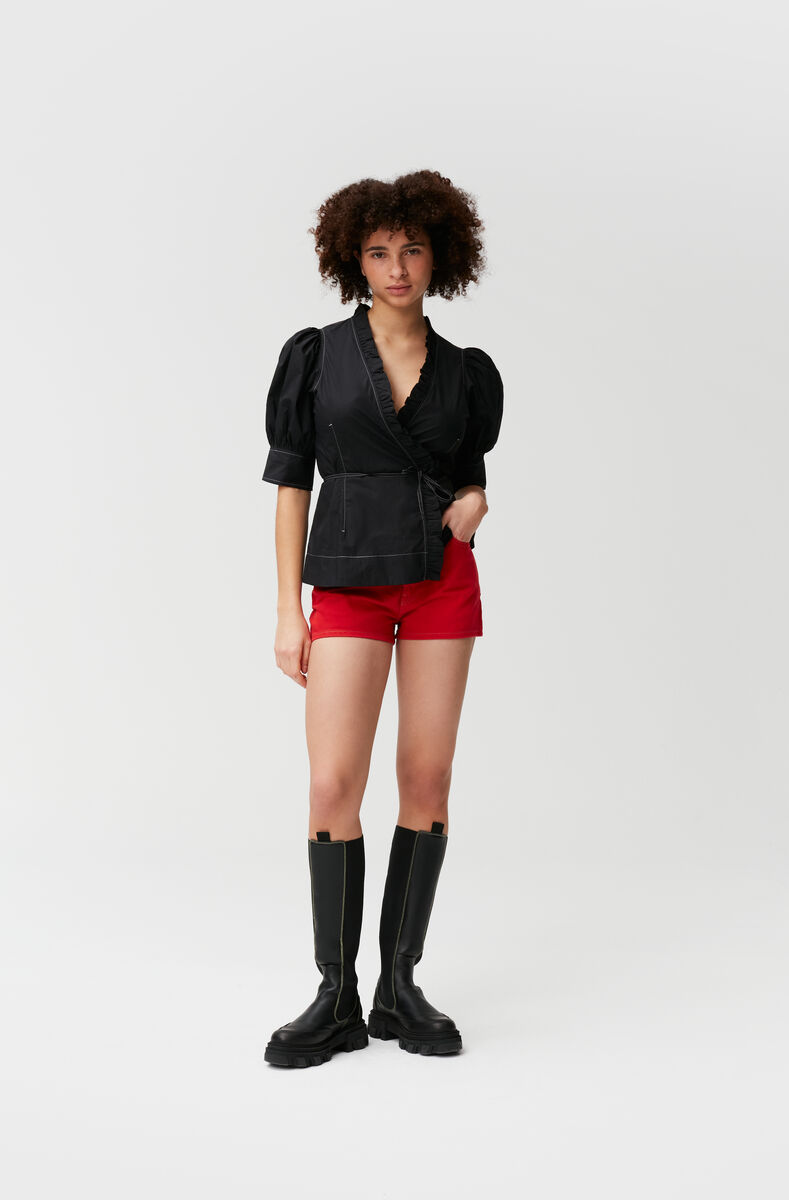 Denim Hotpant Shorts, Cotton, in colour Flame Scarlet - 3 - GANNI