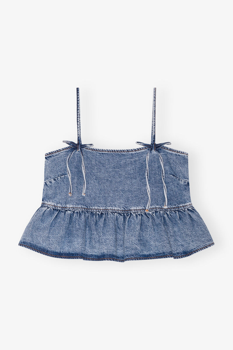 Blue Denim Strap Top, Lyocell, in colour Mid Blue Stone - 1 - GANNI
