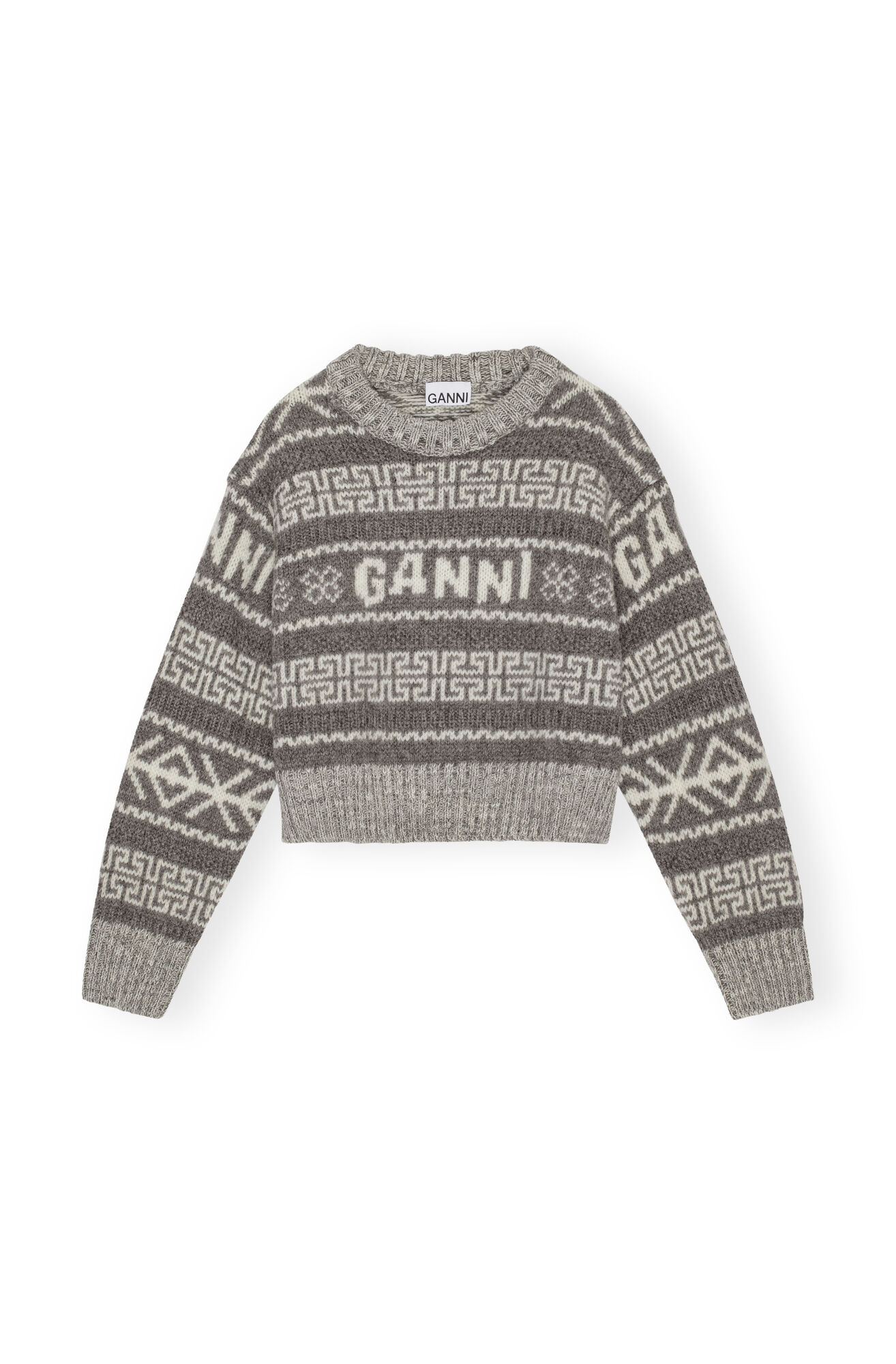 Grey Lambswool Cropped O-neck Pullover, Organic Wool, in colour Timber Wolf - 1 - GANNI