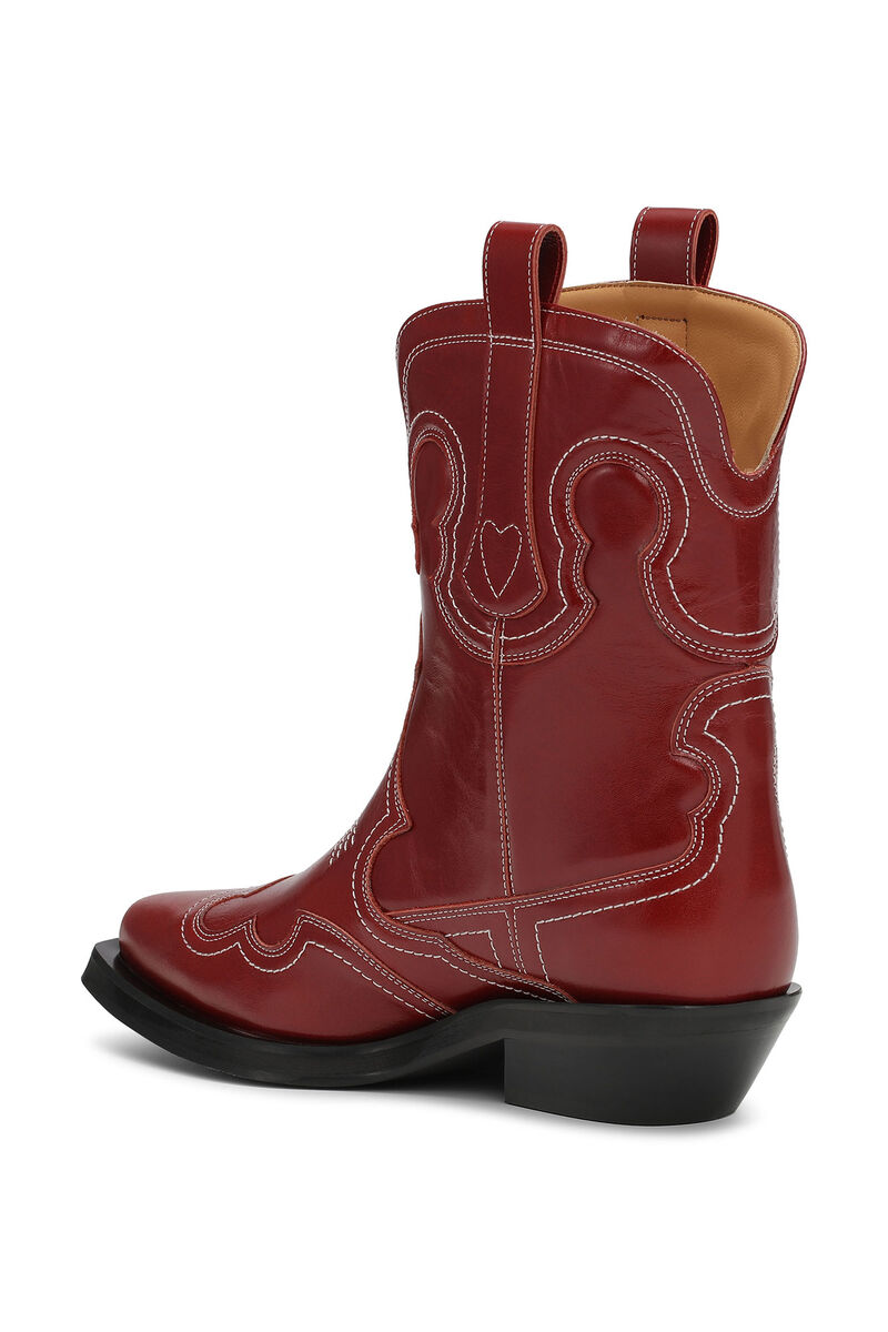 Red Low Shaft Embroidered Western Boots, Calf Leather, in colour Barbados Cherry - 2 - GANNI