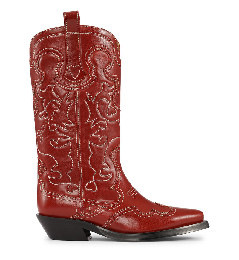 Mid Shaft Embroidered Western Boots, Calf Leather, in colour Barbados Cherry - 1 - GANNI