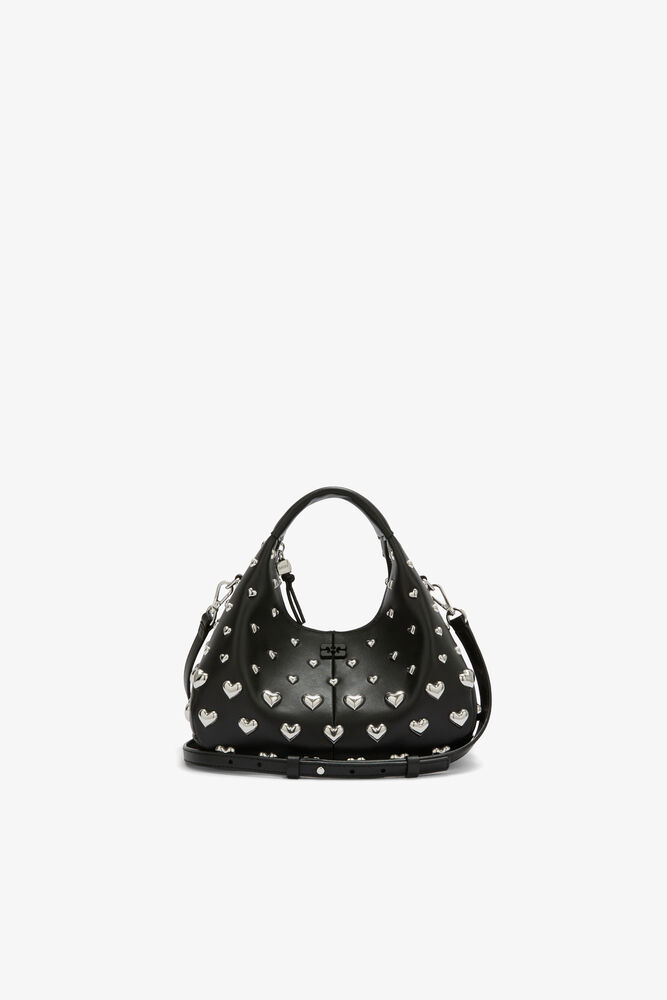 Mini Hobo Bag with Heart Studs, Black