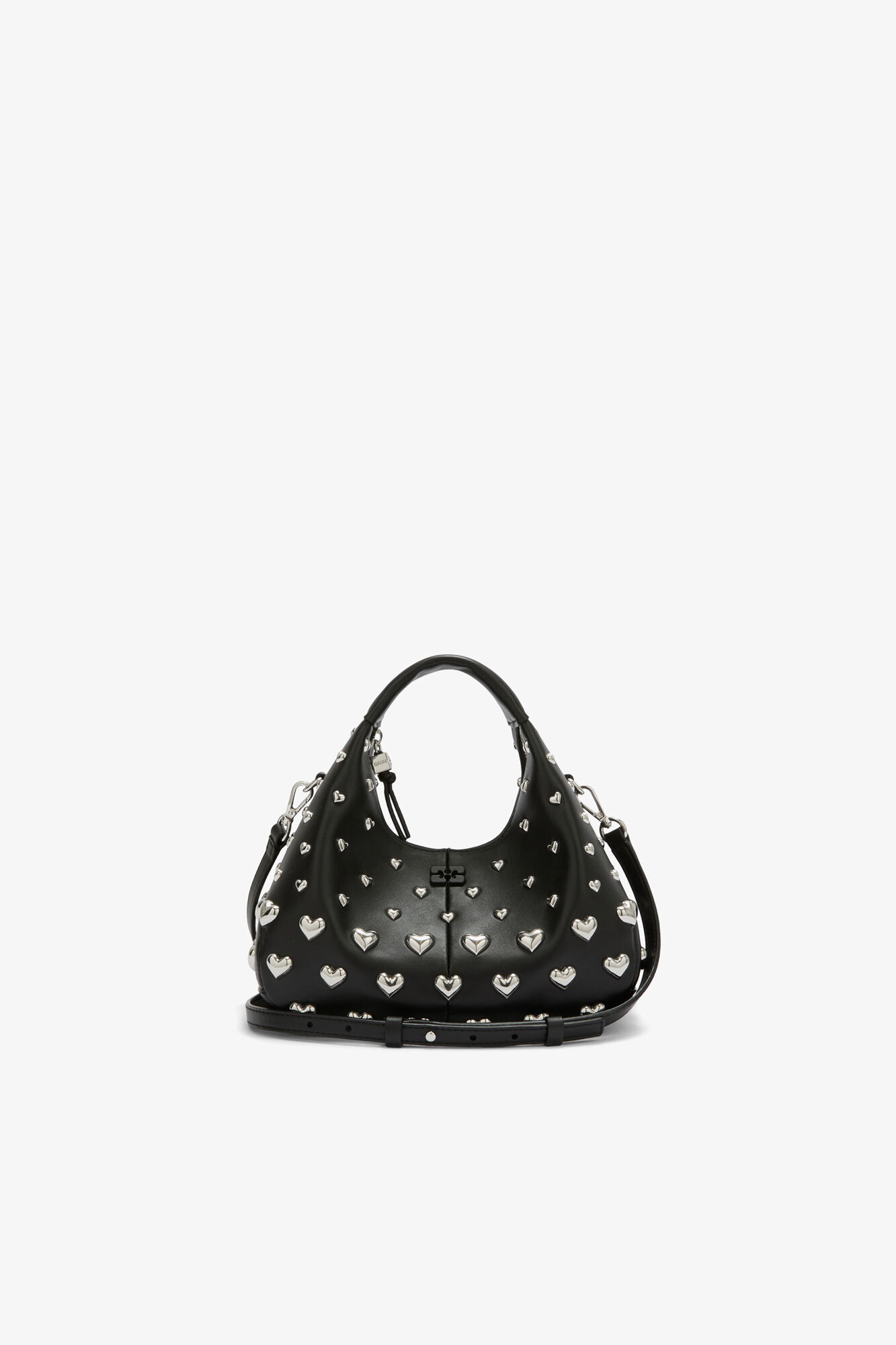 Mini Hobo Bag with Heart Studs, Recycled Leather, in colour Black - 1 - GANNI