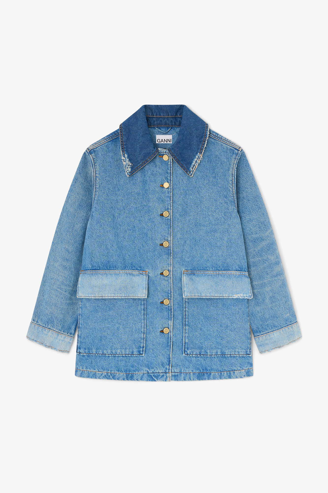 Jacke aus Patchwork-Denim, Organic Cotton, in colour Mid Blue Vintage - 1 - GANNI