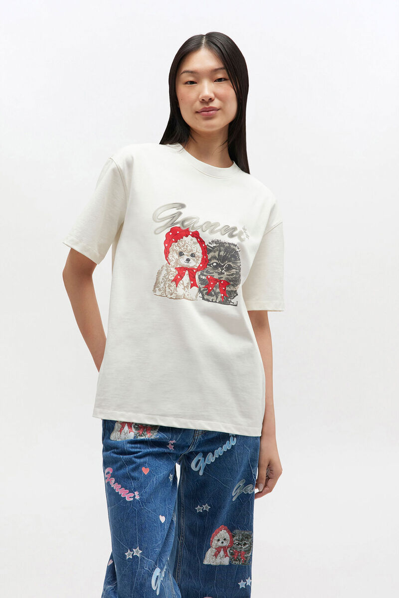 Ivory Animal Print T-shirt, Cotton, in colour Egret - 2 - GANNI
