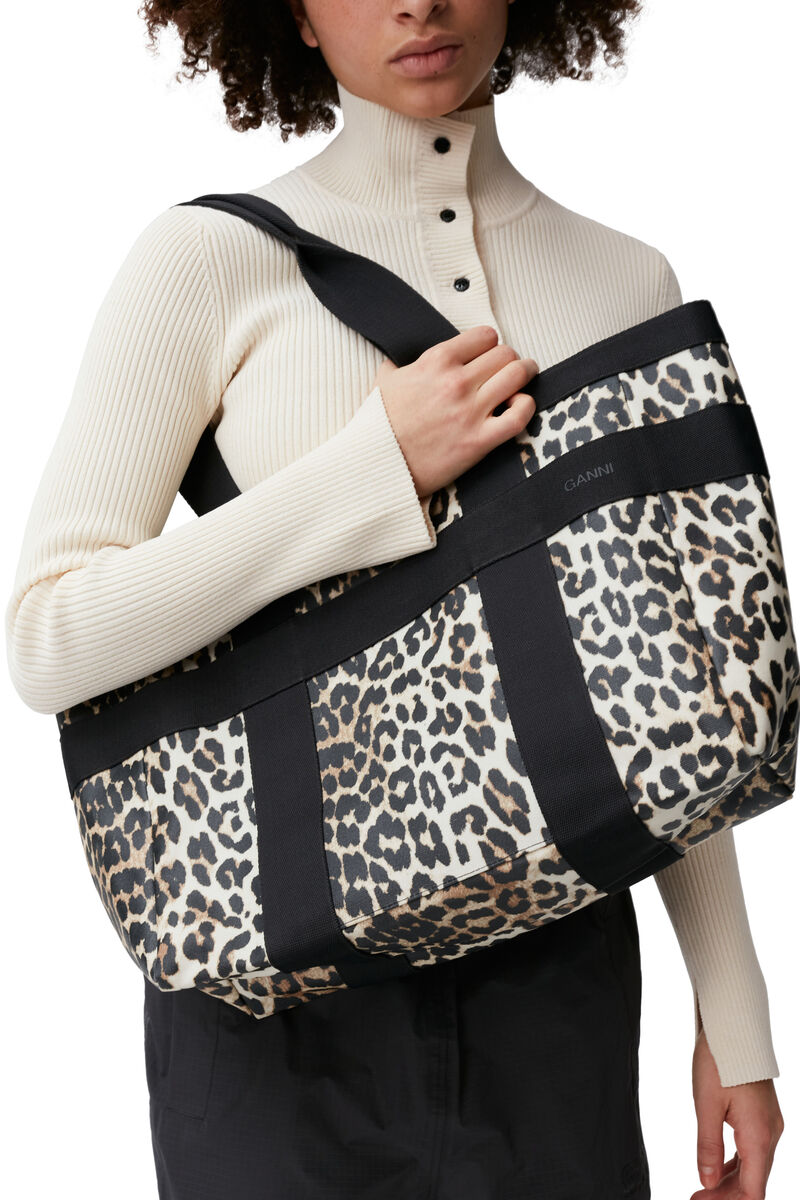 East West Canvas Tote Bag, Cotton, in colour Leopard - 4 - GANNI