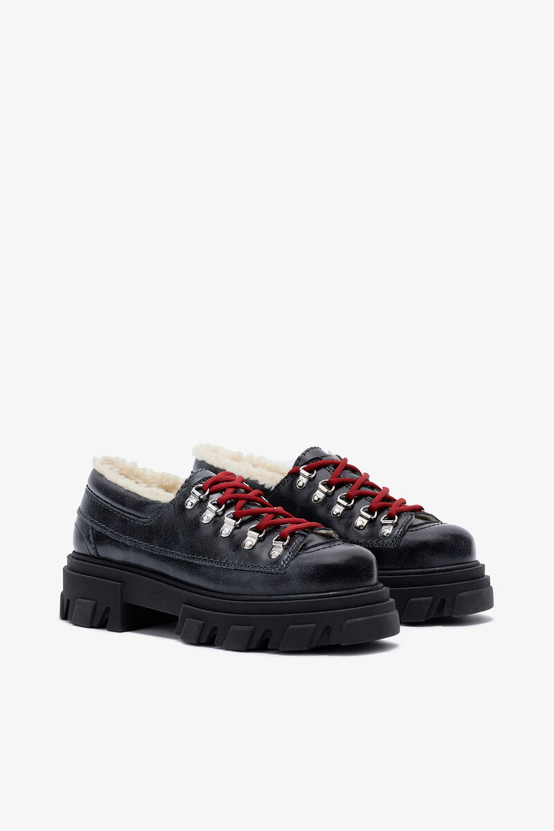 Cleated Derbies in Grey, Recycled Leather, in colour Ebony - 2 - GANNI