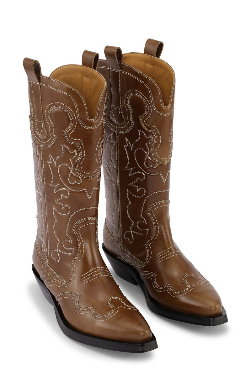 Embroidered Western Støvler, Calf Leather, in colour Tiger's Eye - 3 - GANNI
