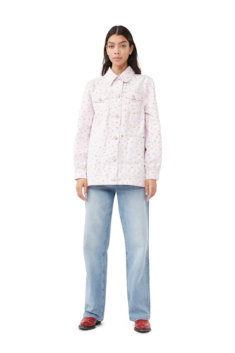 Oversized Flower Print Denim Jacket , Cotton, in colour Pink Tulle - 2 - GANNI