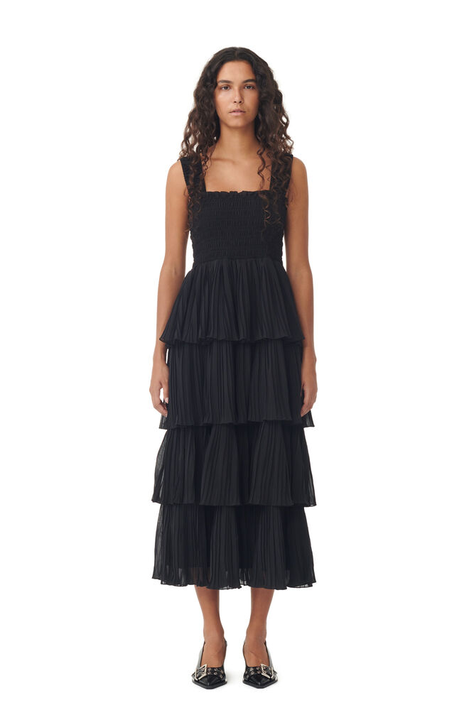 가니 민소매 플리츠 원피스 GANNI Black Pleated Georgette Flounce Smock Midi Dress