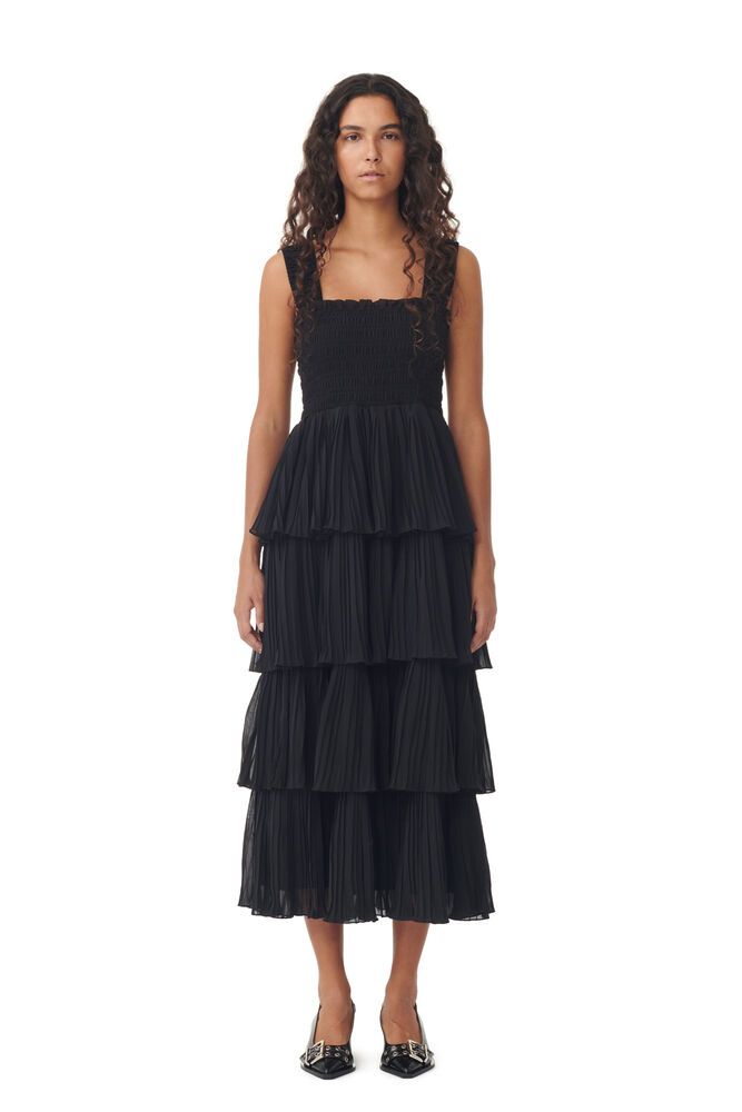 Black Pleated Georgette Flounce Smock Midi Dress, Black