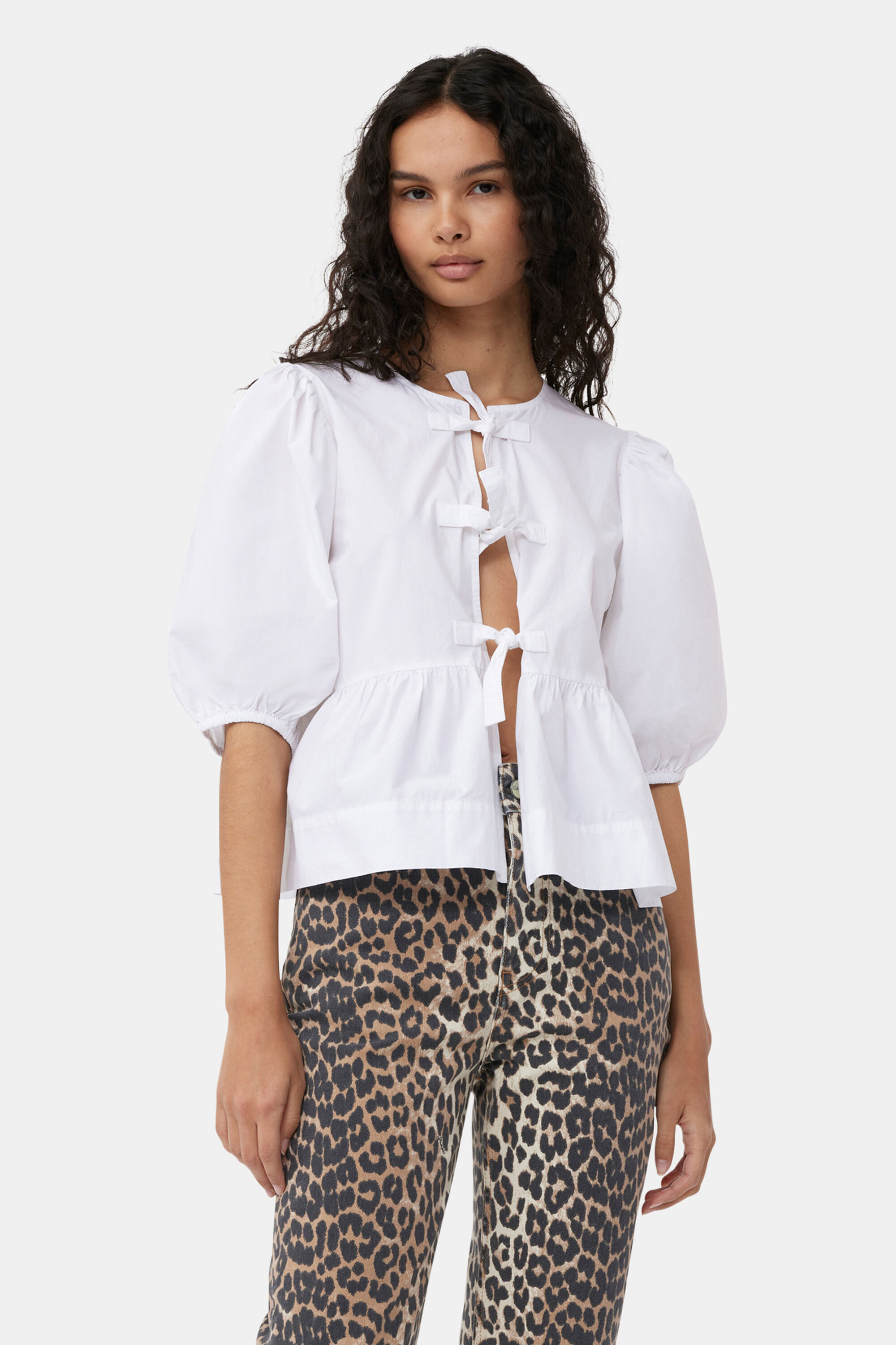 Cotton Poplin Peplum Tie Blouse