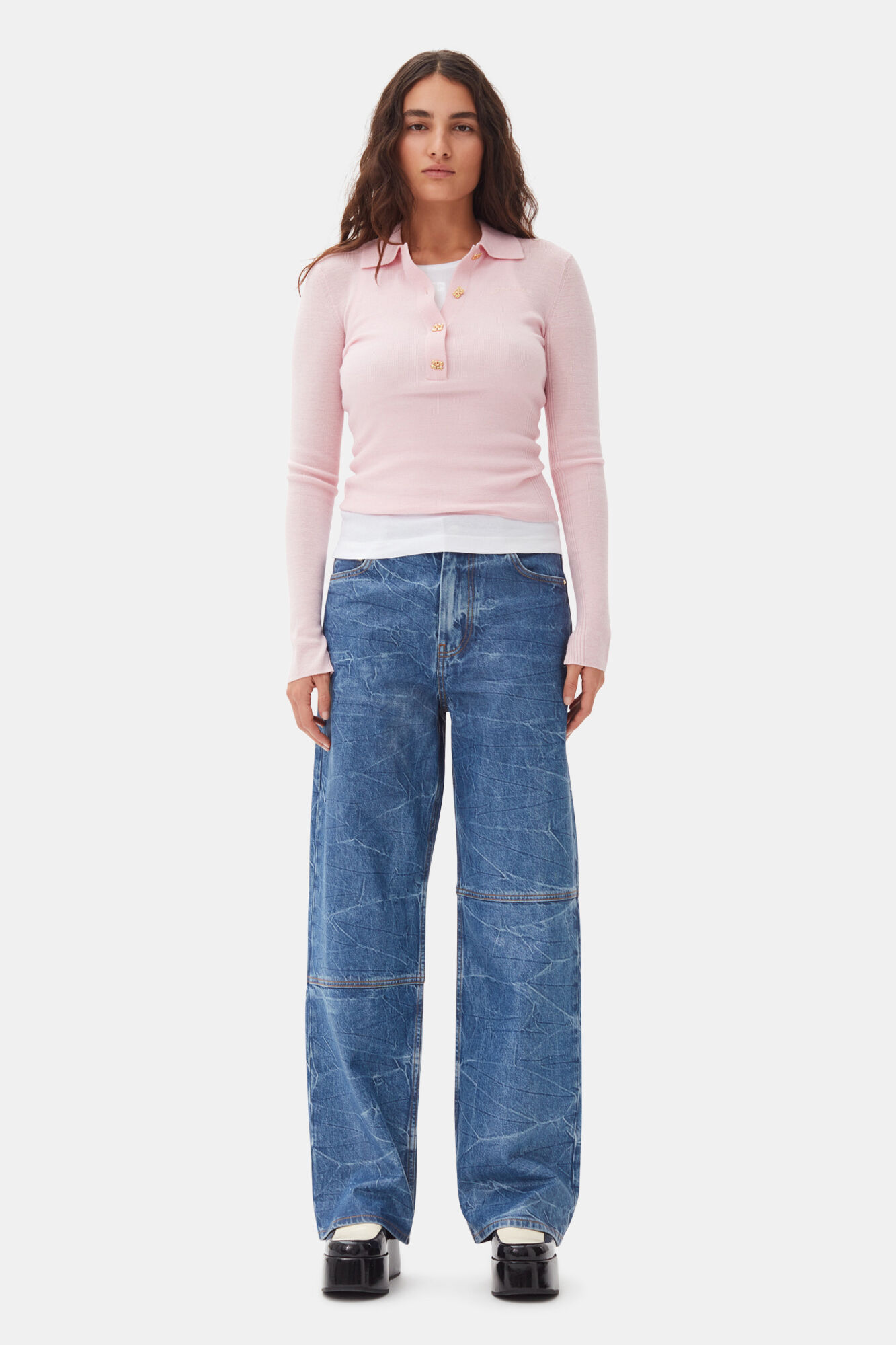 Pink Knitted Polo Shirt, Merino Wool, in colour Chalk Pink - 2 - GANNI