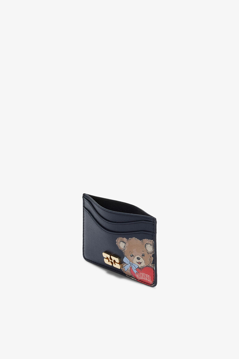 Bou Card Holder with Bear, Recycled Leather, in colour Black/Iris - 3 - GANNI