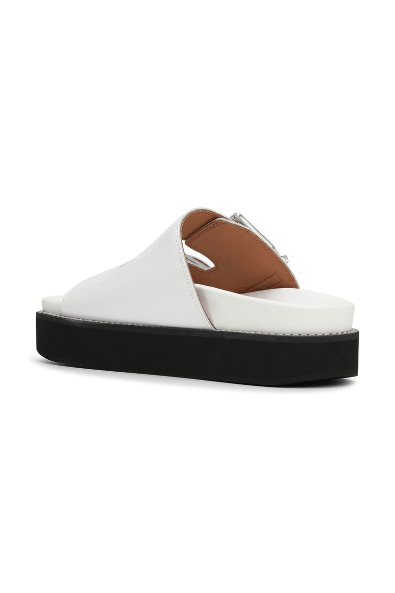 Wide Welt Chunky Buckle Flat Sandals, Calf Leather, in colour Egret - 2 - GANNI