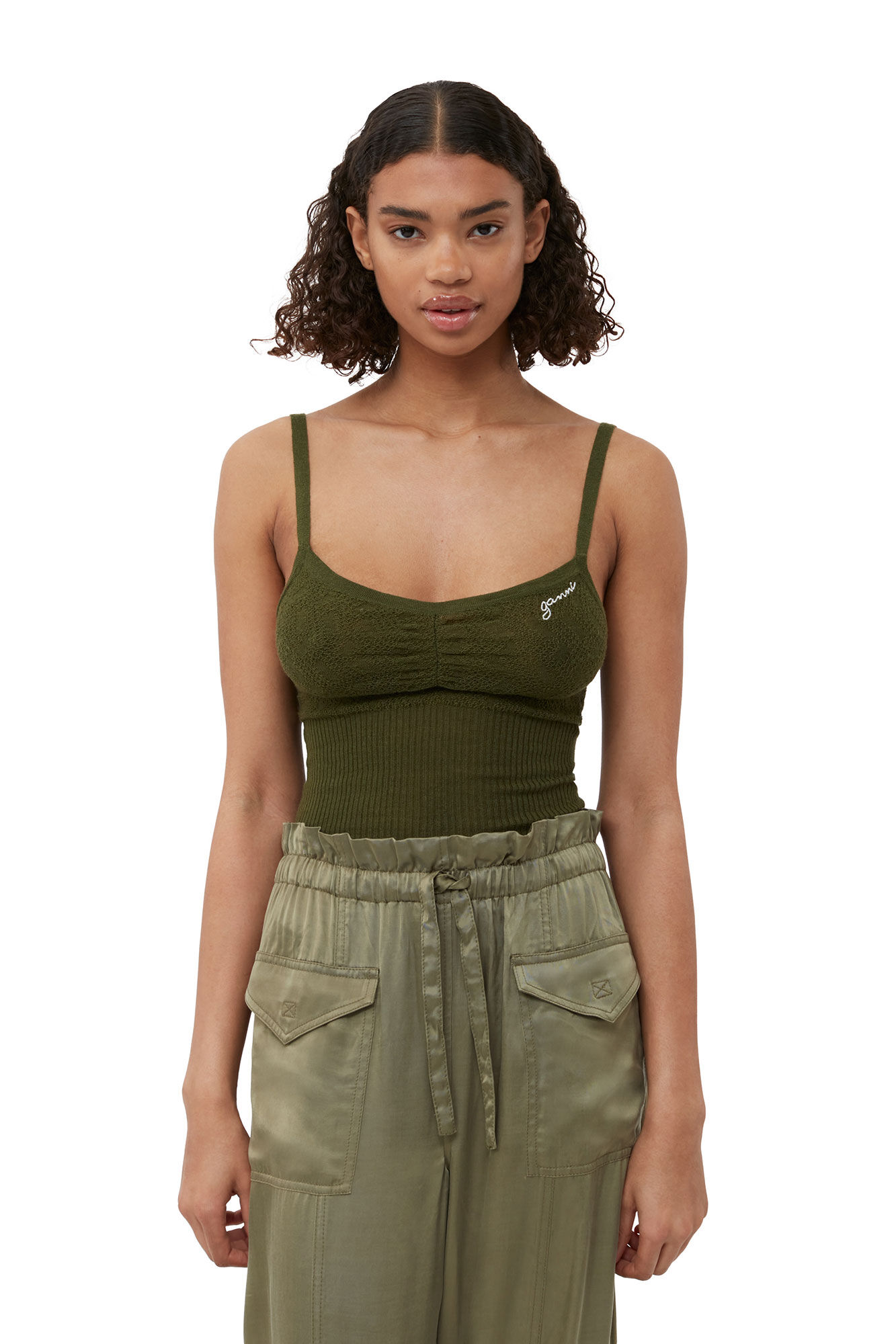 Merino Lace Strap Top, Merino Wool, in colour Dusty Olive - 4 - GANNI