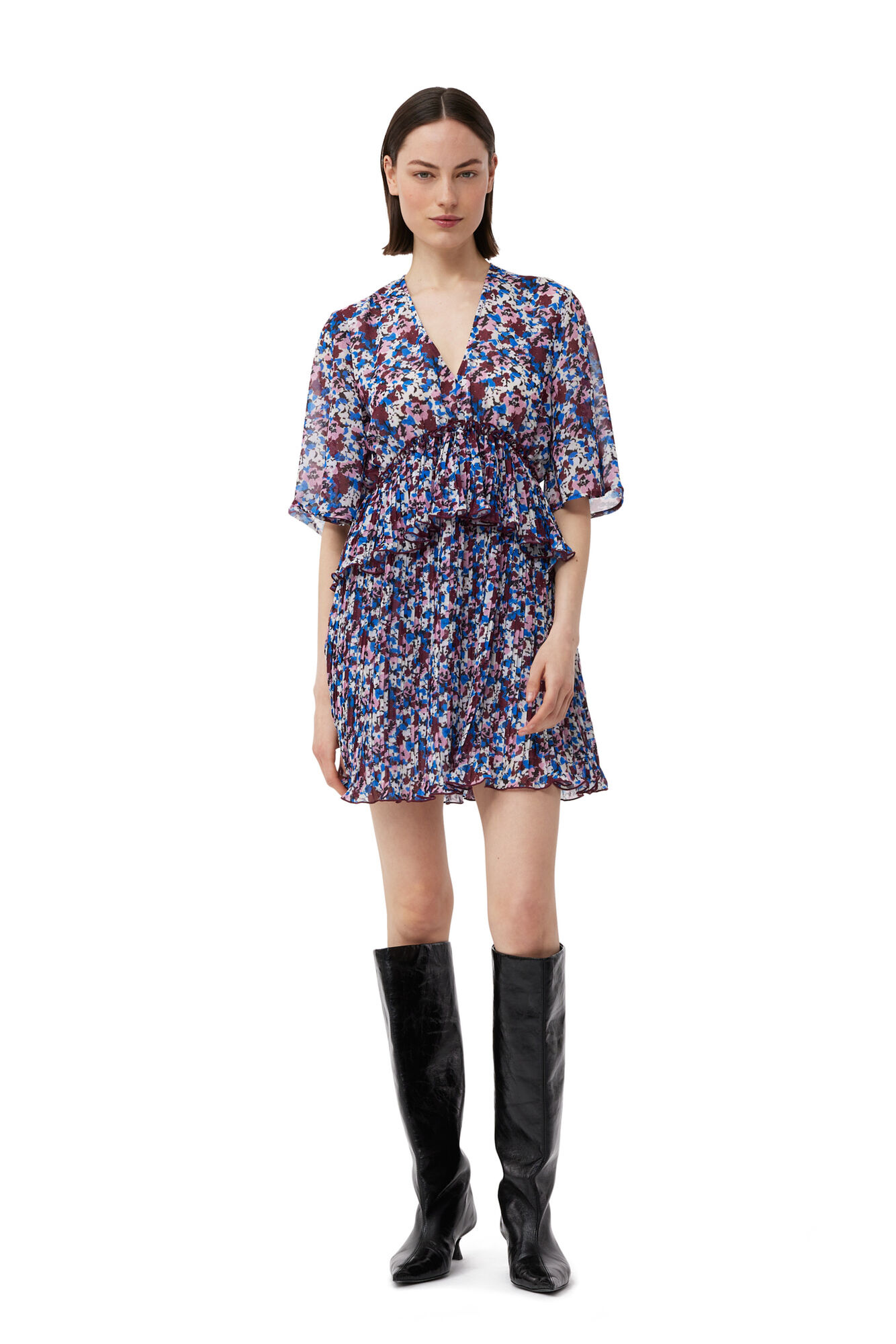 Multicolour Pleated Georgette V-neck Flounce Mini Dress, Recycled Polyester, in colour Multicolour - 1 - GANNI