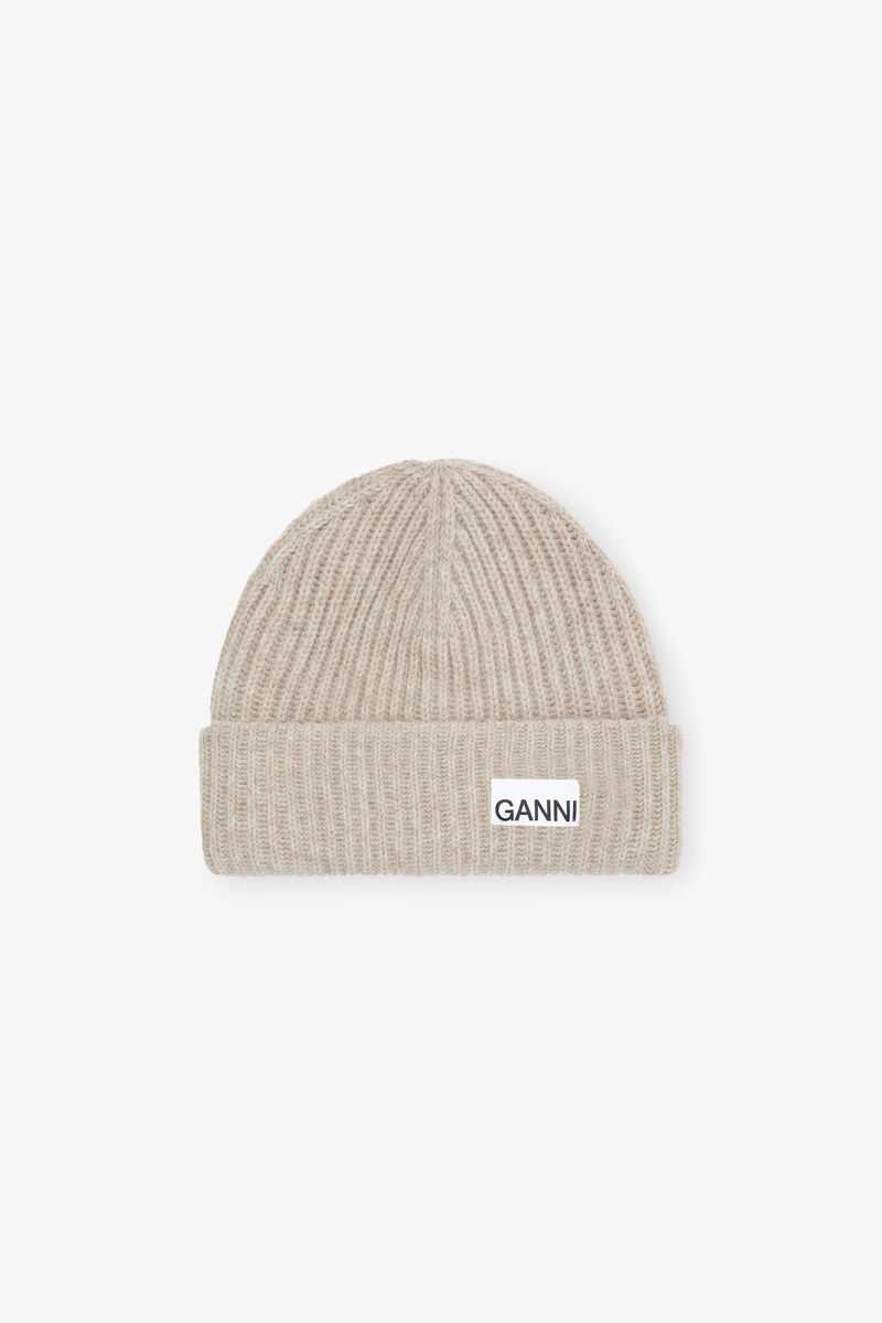 Sand Fitted Wool Rib Knit Beanie, Wool, in colour Brazilian Sand - 1 - GANNI