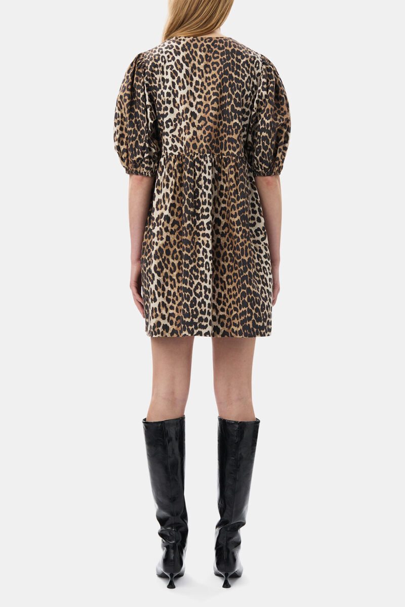 Leopard Printed Cotton Tie String Mini Dress, Organic Cotton, in colour Leopard - 4 - GANNI