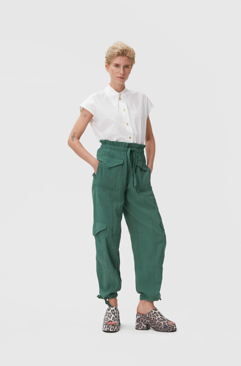 Slub Cargo Pants, Polyester, in colour Myrtle - 1 - GANNI